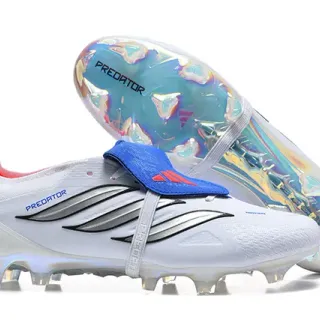 Adidas Predator White Blue Laceless Strap Closure Iridescent Holographic Outsole Firm-Ground Soccer Shoes
