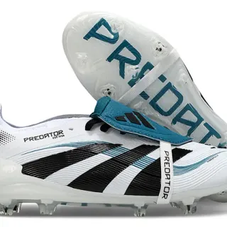 Adidas Predator White Blue Laceless Strap Closure Three Black Stripes Firm-Ground Soccer Shoes