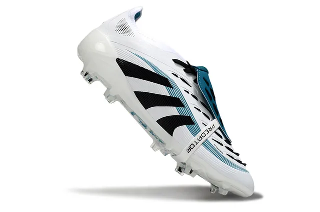 Adidas Predator White Blue Laceless Strap Closure Three Black Stripes Firm-Ground Soccer Shoes 2