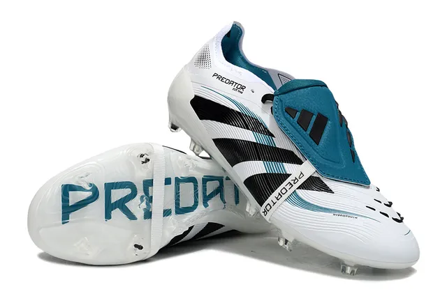 Adidas Predator White Blue Laceless Strap Closure Three Black Stripes Firm-Ground Soccer Shoes 4