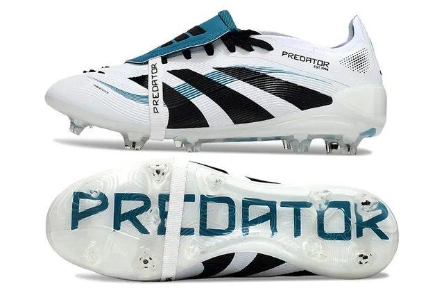 Adidas Predator White Blue Laceless Strap Closure Three Black Stripes Firm-Ground Soccer Shoes 6