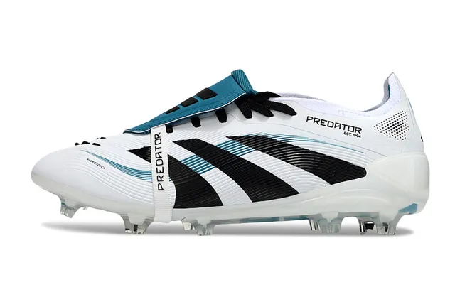 Adidas Predator White Blue Laceless Strap Closure Three Black Stripes Firm-Ground Soccer Shoes 7