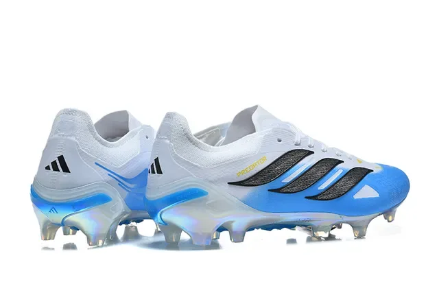 Adidas Predator Chaussures de Football Blanc Bleu Basse Lacets Asymétriques Surface Firme 5