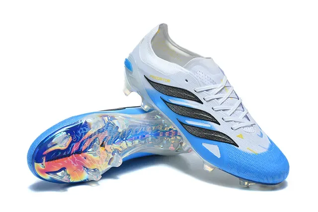 Adidas Predator Chaussures de Football Blanc Bleu Basse Lacets Asymétriques Surface Firme 7