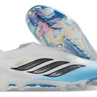 Adidas Predator White Blue Sock-Fit Collar Iridescent Heel Counter Firm-Ground Soccer Shoes