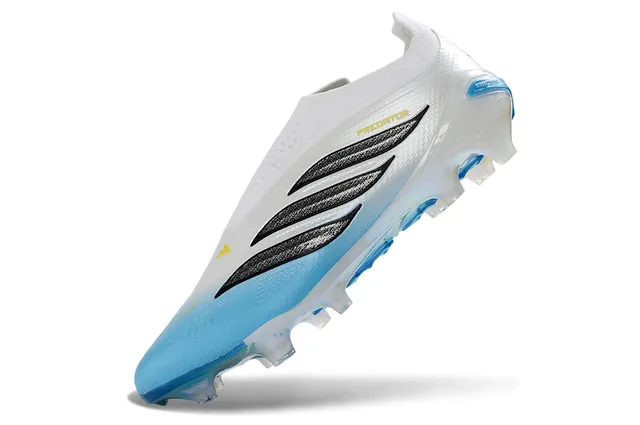 Adidas Predator White Blue Sock-Fit Collar Iridescent Heel Counter Firm-Ground Soccer Shoes 3