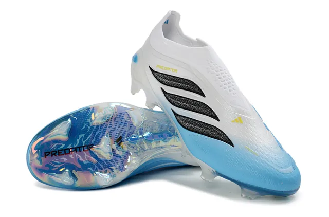 Adidas Predator White Blue Sock-Fit Collar Iridescent Heel Counter Firm-Ground Soccer Shoes 4