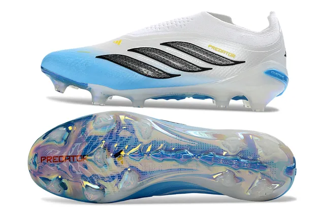 Adidas Predator White Blue Sock-Fit Collar Iridescent Heel Counter Firm-Ground Soccer Shoes 6