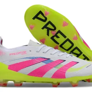 Adidas Predator White Pink Ribbed Midfoot Cage Neon Yellow Translucent Sole Firm-Ground Soccer Shoes