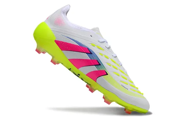 Adidas Predator Chaussures de football blanc rose ribeté mi-pied cage semelle néon jaune translucide terre ferme 2