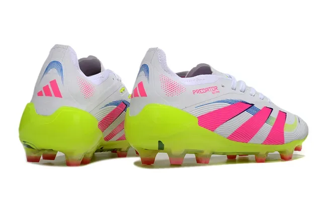 Adidas Predator Chaussures de football blanc rose ribeté mi-pied cage semelle néon jaune translucide terre ferme 5