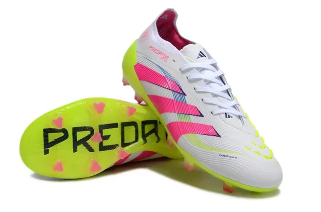 Adidas Predator Chaussures de football blanc rose ribeté mi-pied cage semelle néon jaune translucide terre ferme 6