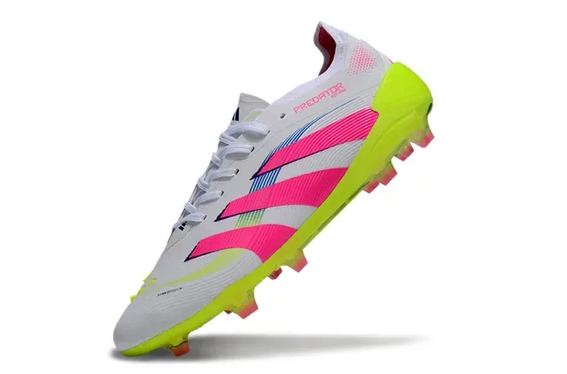 Adidas Predator Chaussures de football blanc rose ribeté mi-pied cage semelle néon jaune translucide terre ferme 7