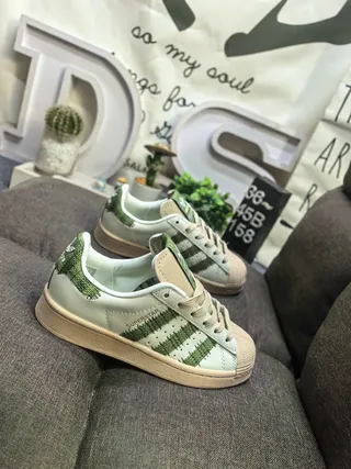 Adidas Superstar Beige Green Shell Toe Perforated Three Stripes Lifestyle Sneakers 9