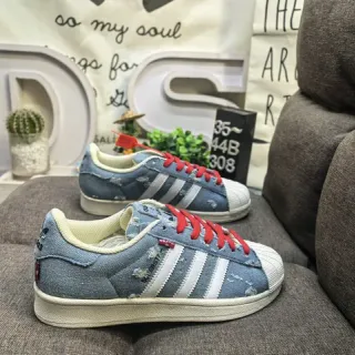 Adidas Superstar Distressed Denim Blue Red Lace Lifestyle Sneakers