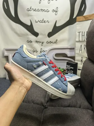 Adidas Superstar Distressed Denim Blue Red Lace Lifestyle Sneakers 5
