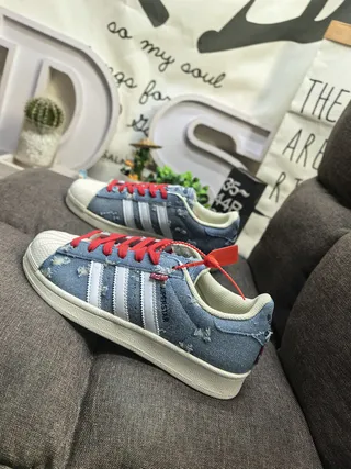 Adidas Superstar Distressed Denim Blue Red Lace Lifestyle Sneakers 7
