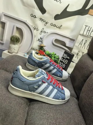 Adidas Superstar Distressed Denim Blue Red Lace Lifestyle Sneakers 9