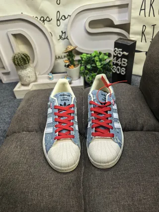 Adidas Superstar Distressed Denim Blue Red Lace Lifestyle Sneakers 10
