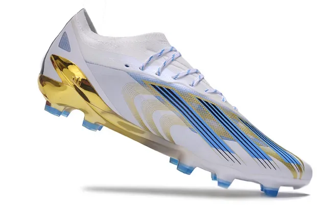 Adidas Chaussures de football blancs et or à coupe basse, tige synthétique, talon translucide, surface ferme 2