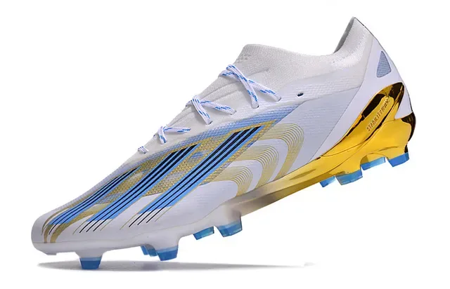 Adidas Chaussures de football blancs et or à coupe basse, tige synthétique, talon translucide, surface ferme 3