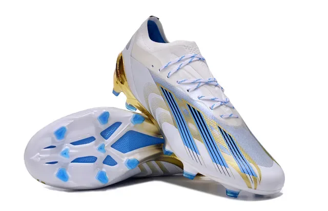 Adidas Chaussures de football blancs et or à coupe basse, tige synthétique, talon translucide, surface ferme 4