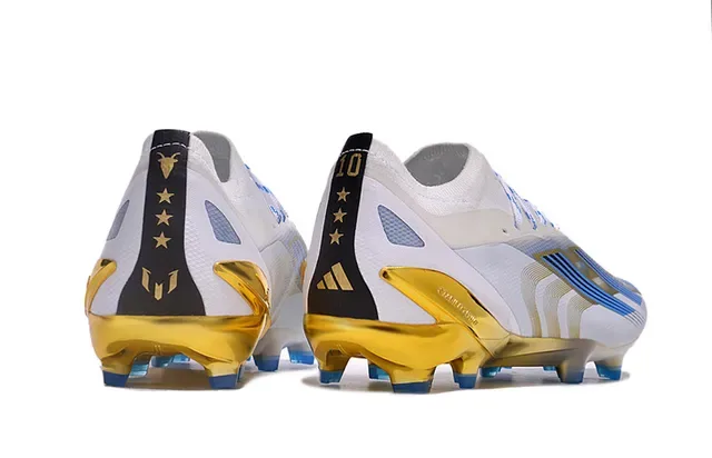 Adidas Chaussures de football blancs et or à coupe basse, tige synthétique, talon translucide, surface ferme 5
