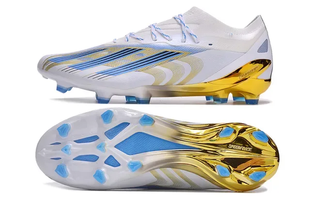 Adidas Chaussures de football blancs et or à coupe basse, tige synthétique, talon translucide, surface ferme 6