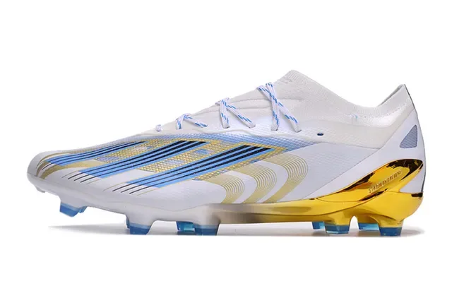 Adidas Chaussures de football blancs et or à coupe basse, tige synthétique, talon translucide, surface ferme 7