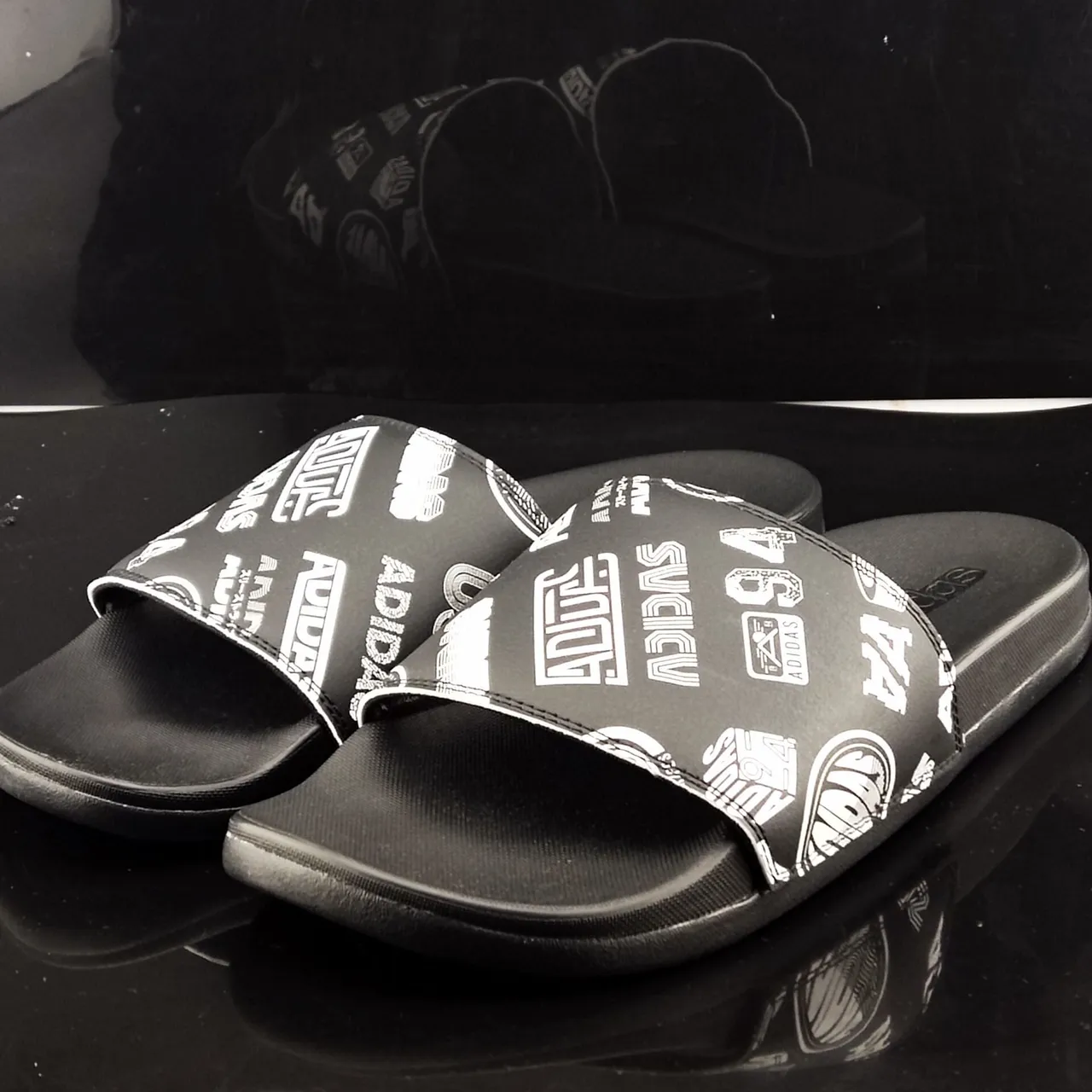 Adidas Yeezy Slide Black White Graphic Print Slippers 2