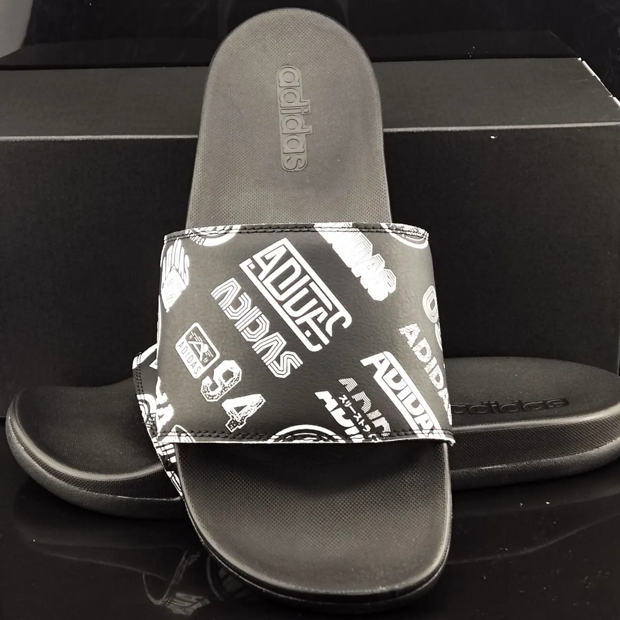 Adidas Yeezy Slide Black White Graphic Print Slippers 3
