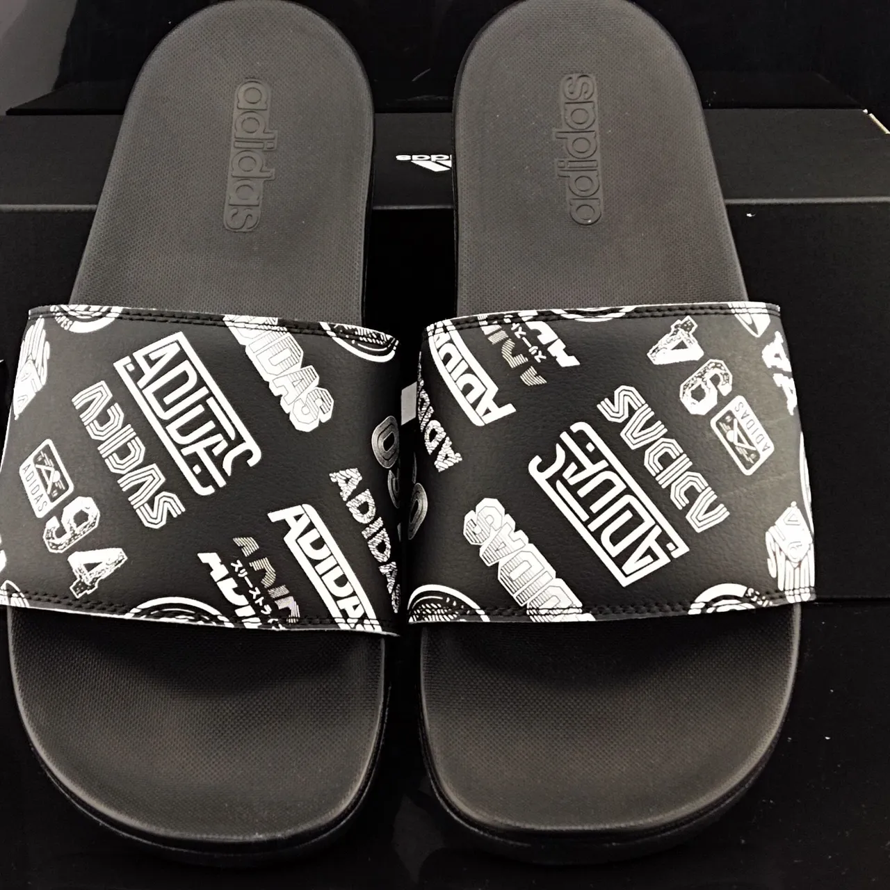 Adidas Yeezy Slide Black White Graphic Print Slippers 5
