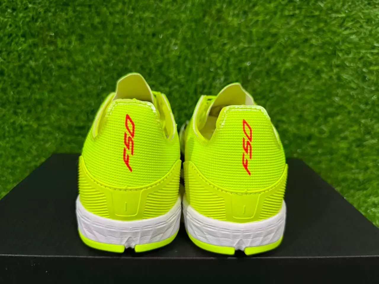 Adidas Yellow White Neon Synthetic Upper Black Three-Stripe Branding Artificial-Grass Soccer Shoes 2