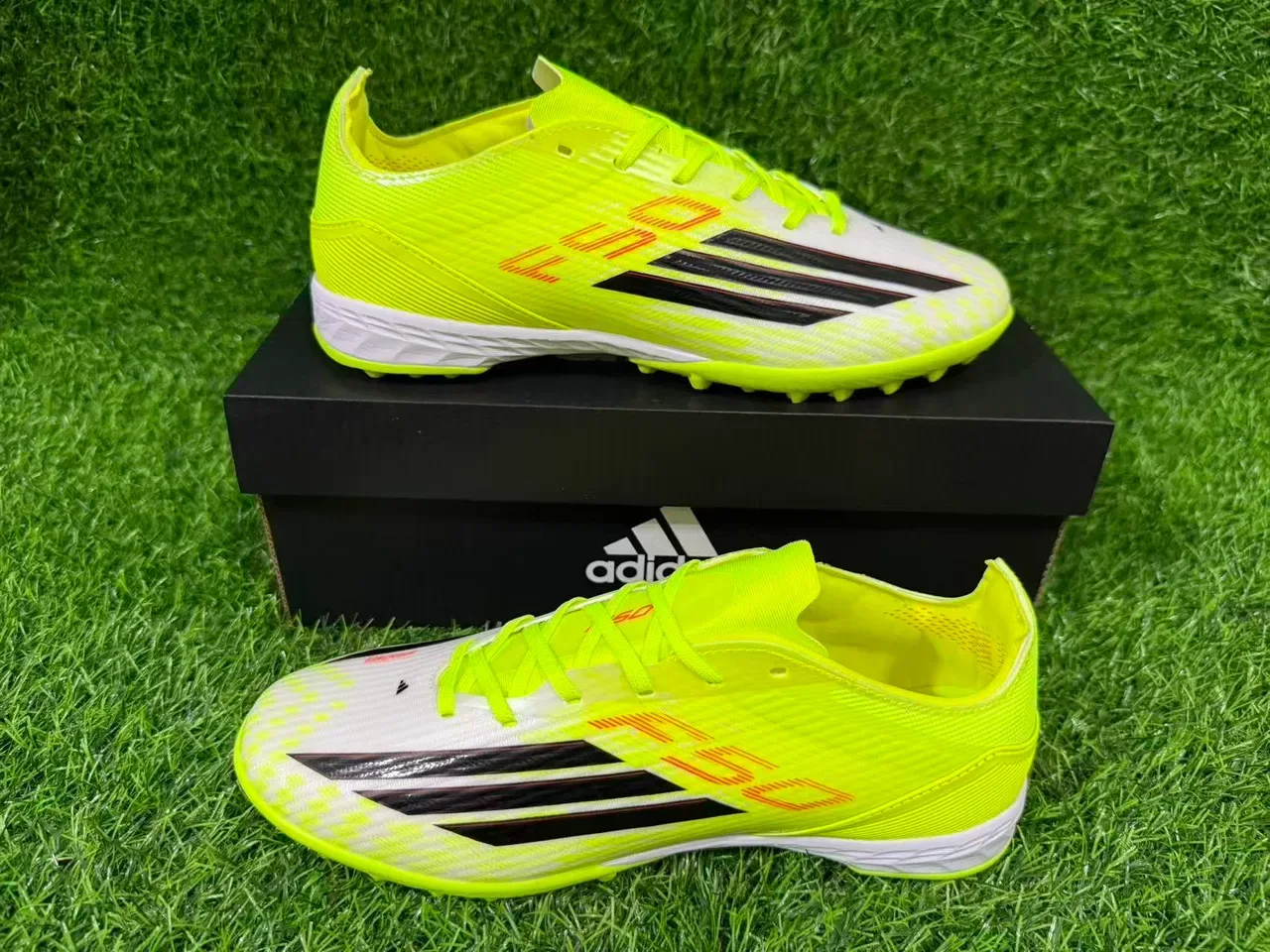 Adidas Yellow White Neon Synthetic Upper Black Three-Stripe Branding Artificial-Grass Soccer Shoes 3