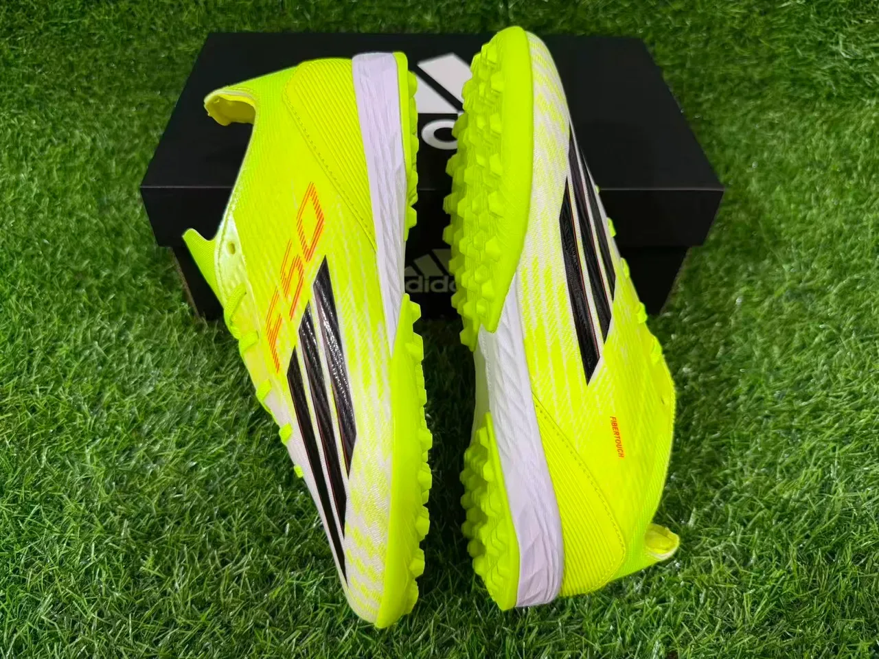 Adidas Yellow White Neon Synthetic Upper Black Three-Stripe Branding Artificial-Grass Soccer Shoes 4