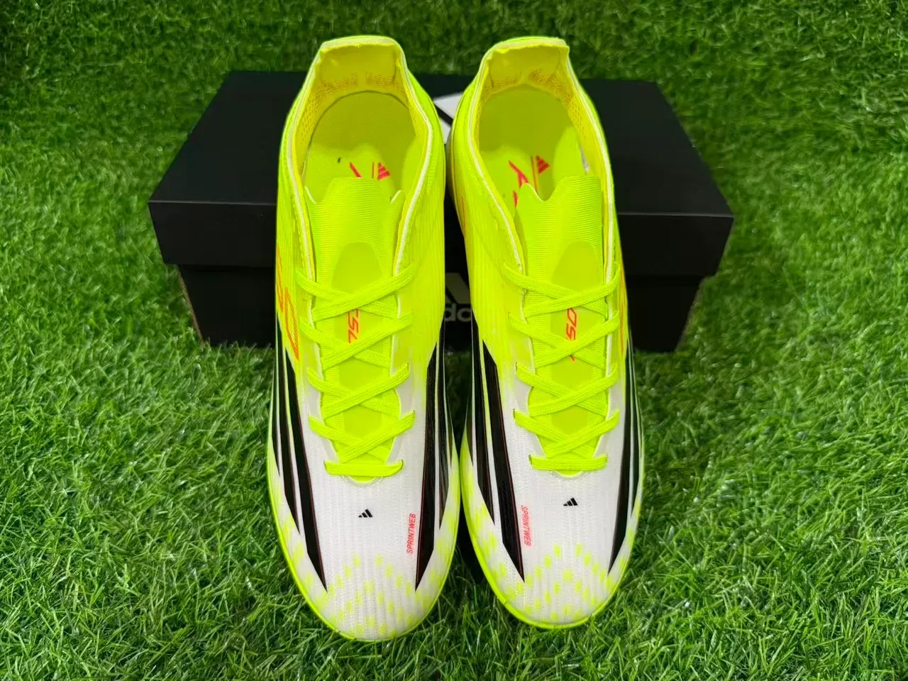 Adidas Yellow White Neon Synthetic Upper Black Three-Stripe Branding Artificial-Grass Soccer Shoes 5