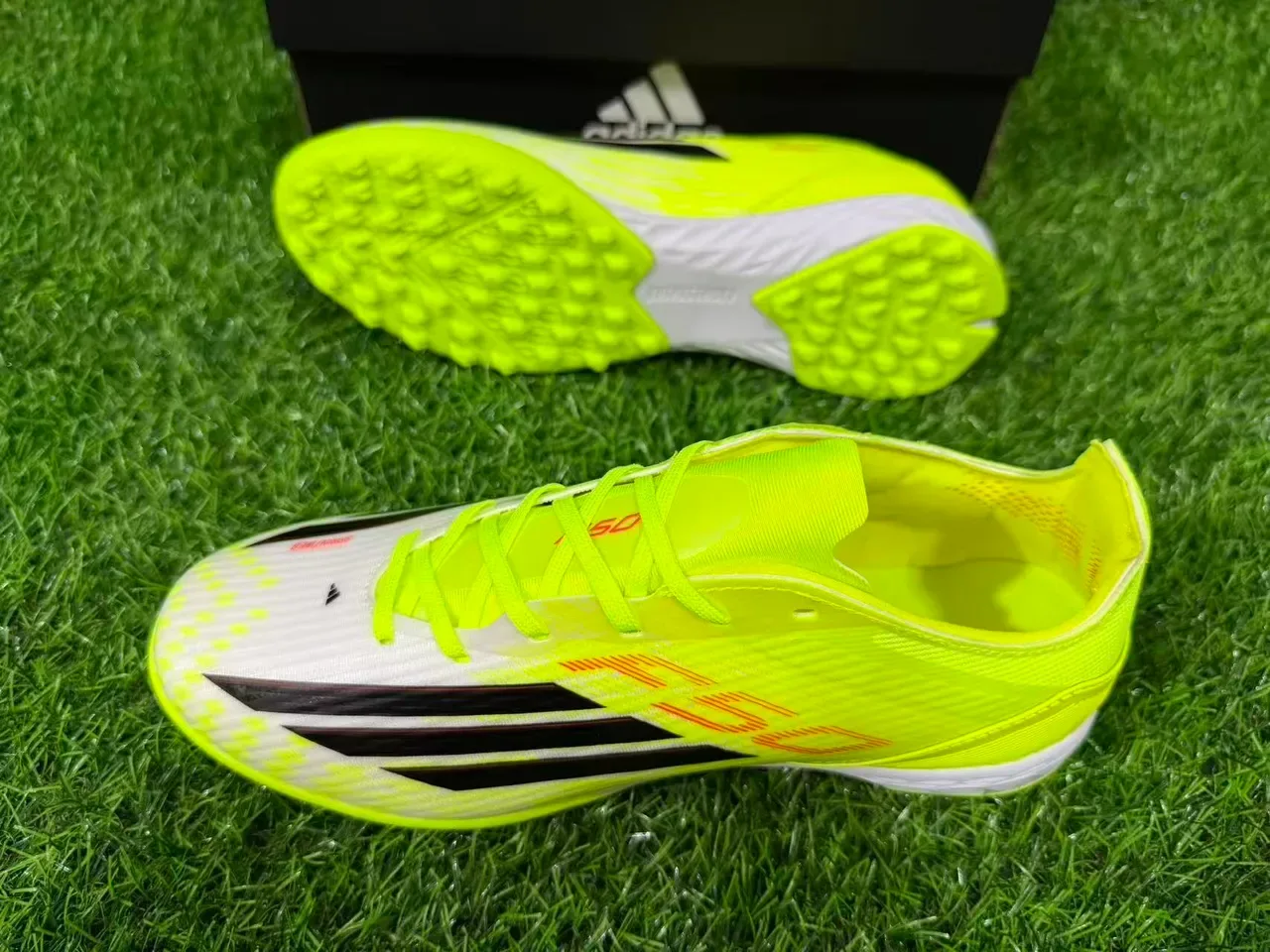 Adidas Yellow White Neon Synthetic Upper Black Three-Stripe Branding Artificial-Grass Soccer Shoes 6