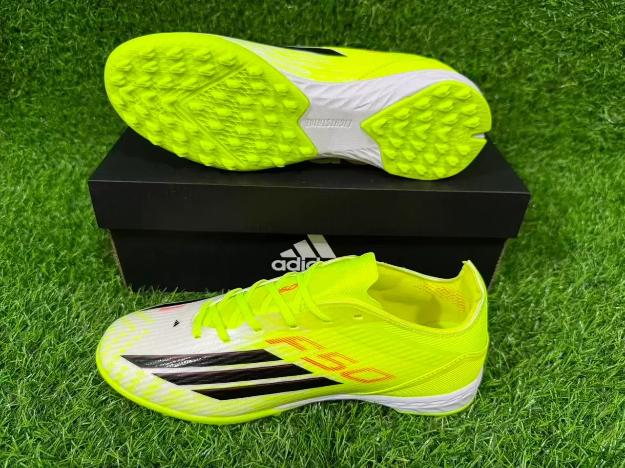 Adidas Yellow White Neon Synthetic Upper Black Three-Stripe Branding Artificial-Grass Soccer Shoes 7