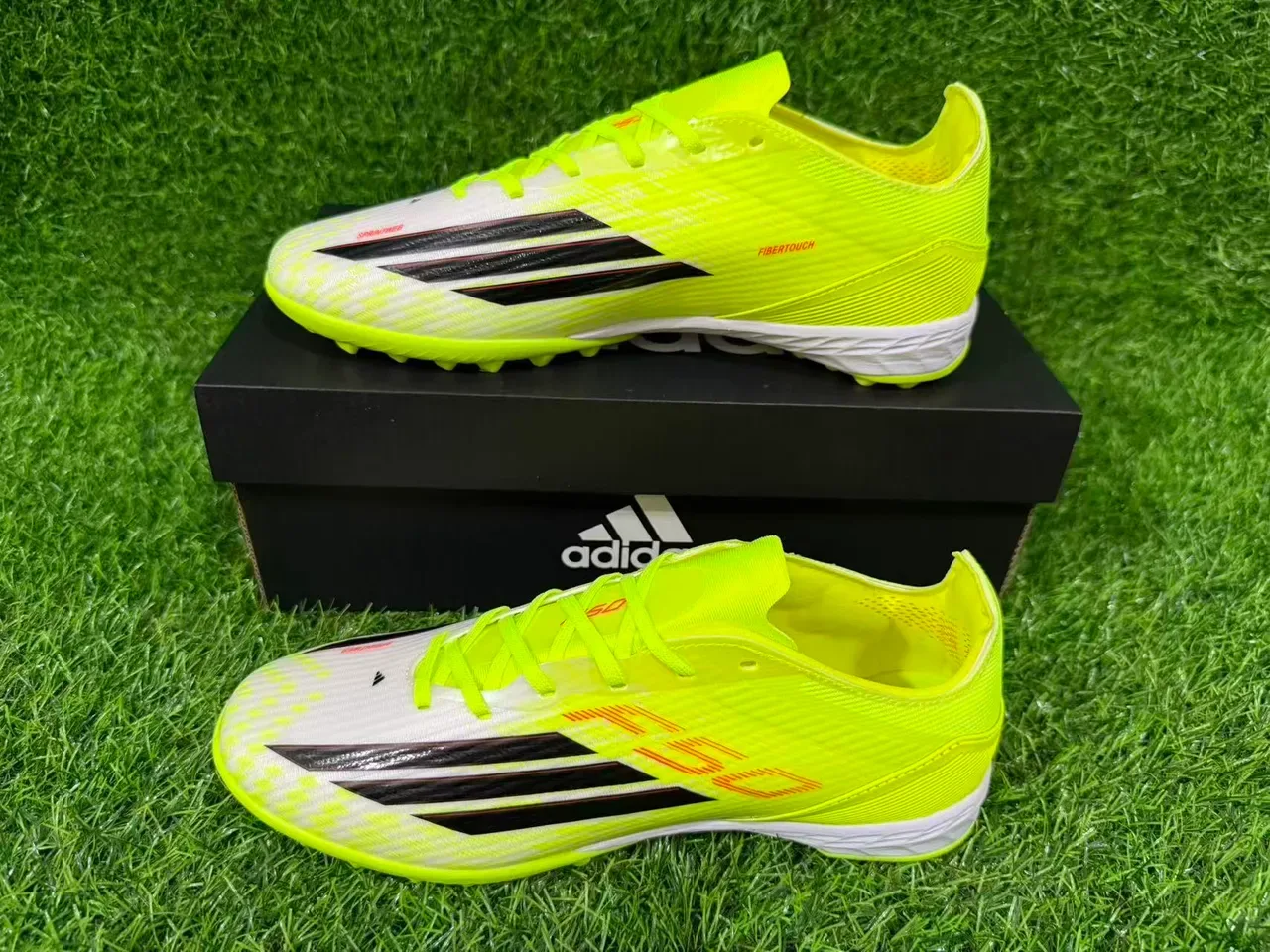 Adidas Yellow White Neon Synthetic Upper Black Three-Stripe Branding Artificial-Grass Soccer Shoes 8