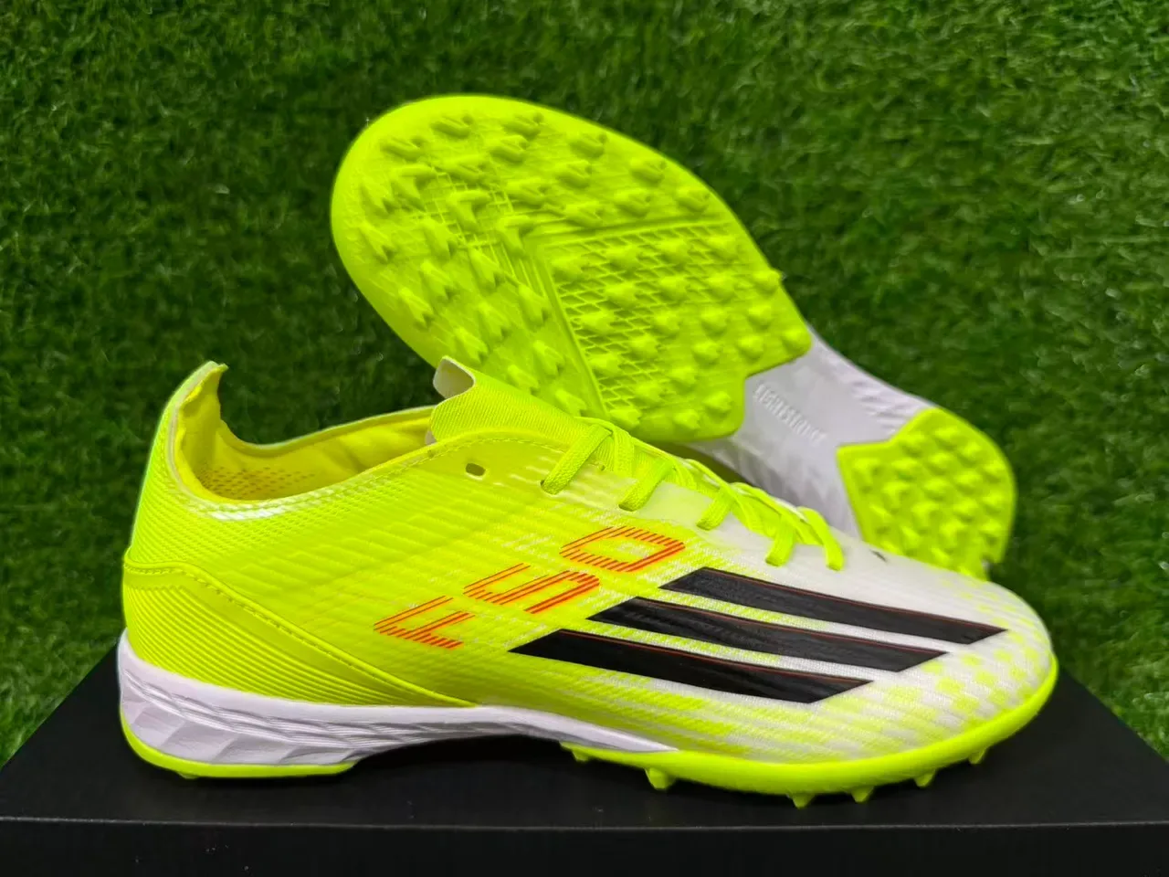 Adidas Yellow White Neon Synthetic Upper Black Three-Stripe Branding Artificial-Grass Soccer Shoes 9