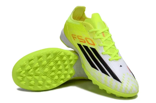 Adidas Yellow White Neon Synthetic Upper Black Three-Stripe Branding Artificial-Grass Soccer Shoes 12
