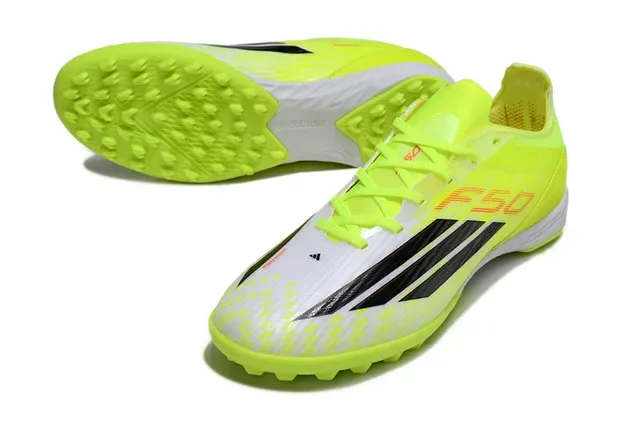 Adidas Yellow White Neon Synthetic Upper Black Three-Stripe Branding Artificial-Grass Soccer Shoes 13