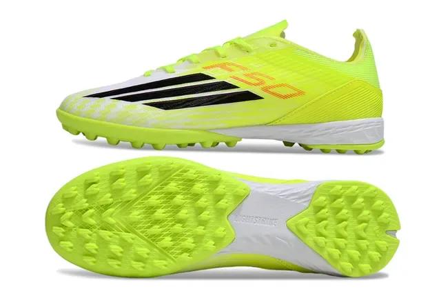 Adidas Yellow White Neon Synthetic Upper Black Three-Stripe Branding Artificial-Grass Soccer Shoes 15