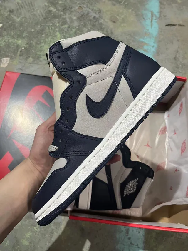Air Jordan 1 Navy and Light Gray Leather Basketball Shoes 3