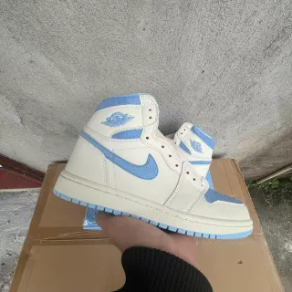 Air Jordan 1 Off-White and Light Blue Leather Basketball Shoes