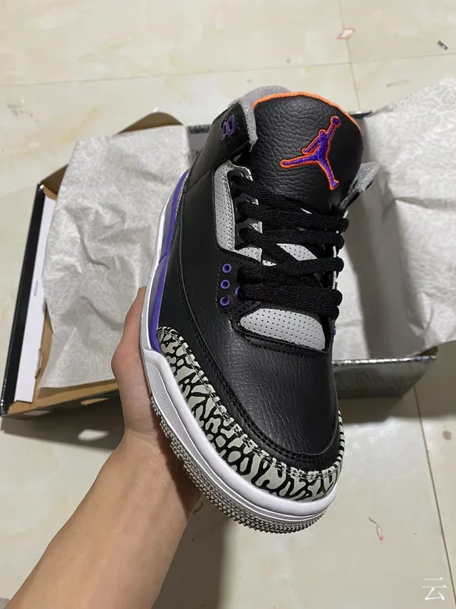 Air Jordan 3 Black Purple Elephant Print Basketball Shoes 2