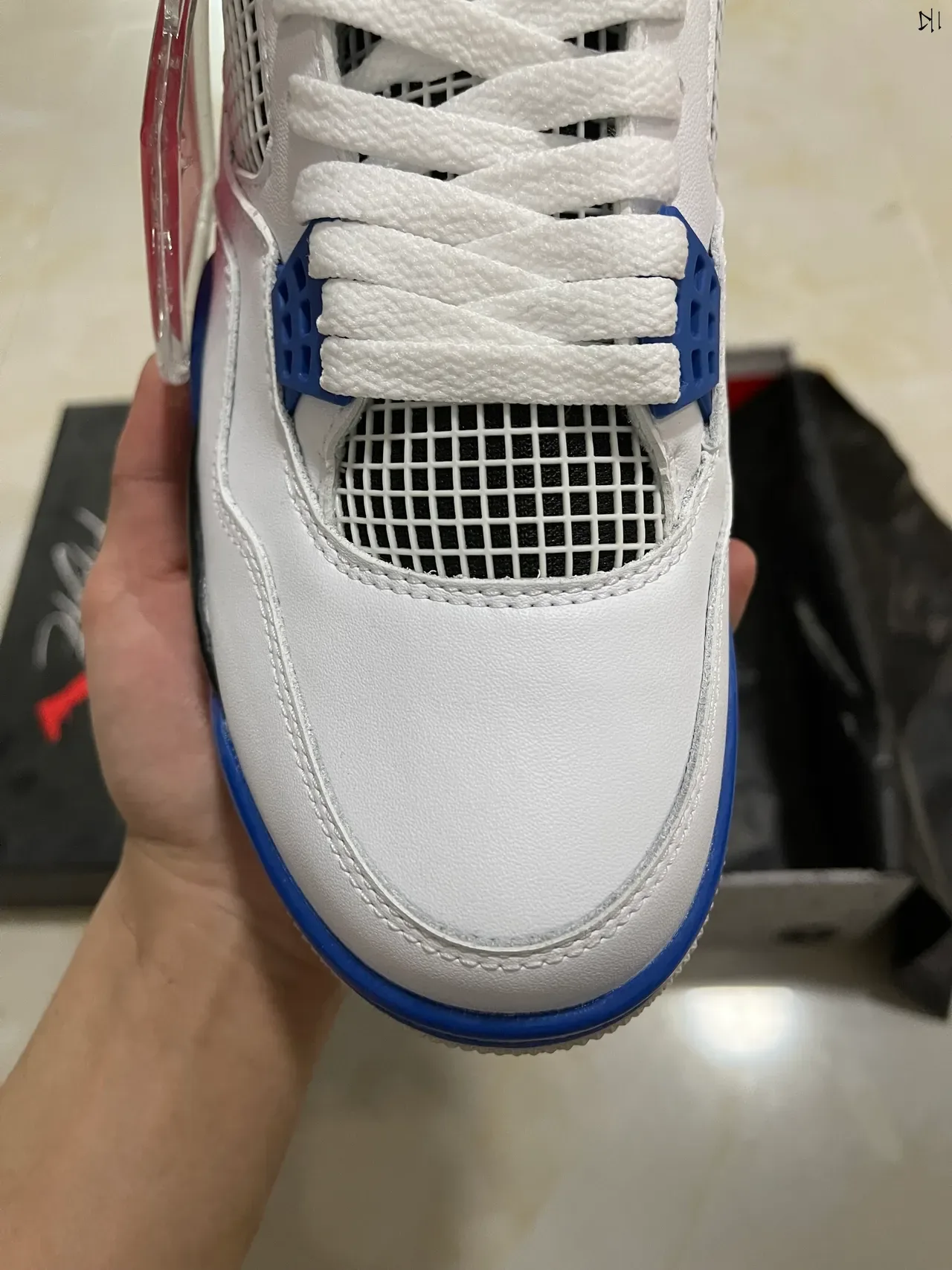 Air Jordan 4 Branco Azul Real Preto Tênis de Basquete 3