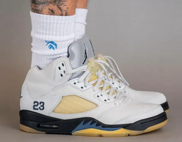 Air Jordan 5 White Light Yellow Black Blue Basketball Shoes 5