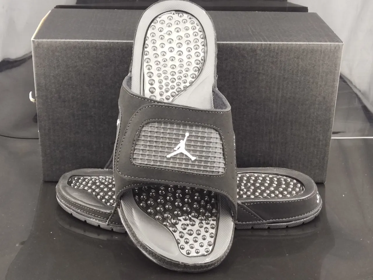 Air Jordan Black Gray Suede-Like Upper White Jumpman Logo Slippers 3