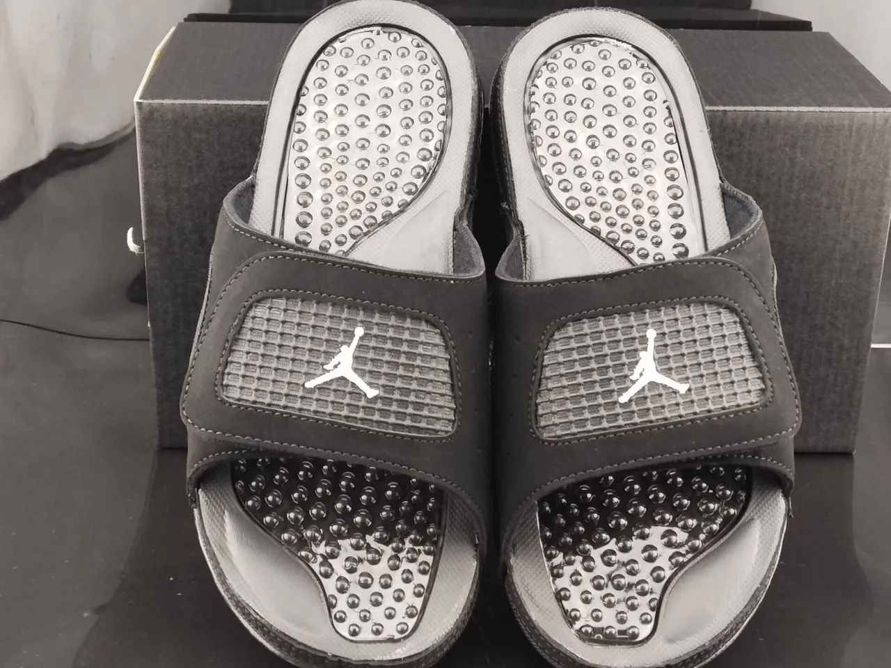 Air Jordan Black Gray Suede-Like Upper White Jumpman Logo Slippers 5
